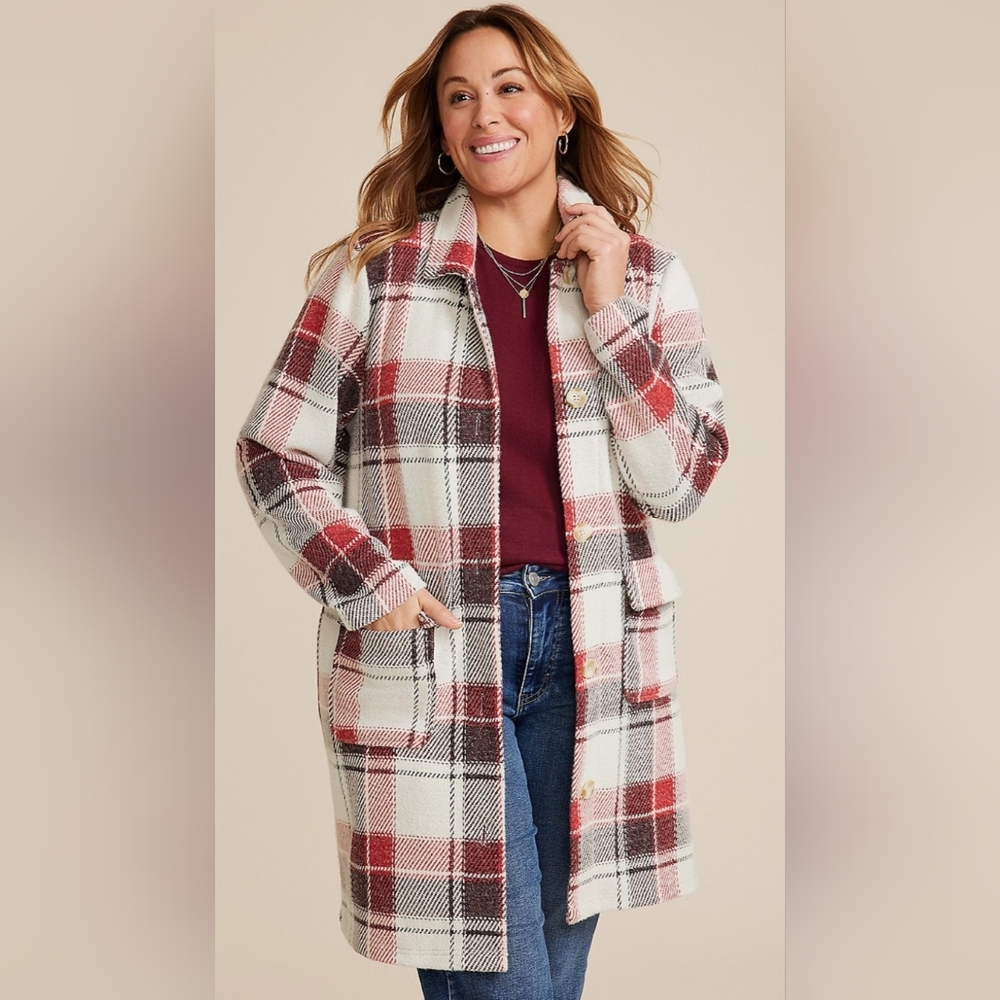 Maurices Red and White Plaid Pea Coat